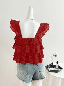 Blusa de mujer con patrón de cuadros arrugados, lunares negros, diseño suelto de mangas con volantes - Rojo - Ver 2