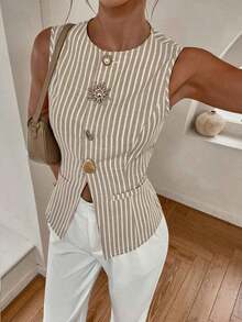 Chaleco de rayas finas elegante y de lujo, blazer sin mangas de verano de color azul marino elegante, atuendos de oficina y trabajo de negocios para mujeres, chaleco ajustado con botones enjoyados único y elegante, top social de moda para ir al trabajo - Multicolor - Ver 2