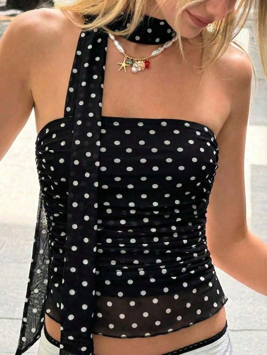 Camiseta de tirante único con volantes y escote pronunciado con estampado de lunares transparente, estilo Y2K, adecuada para fiestas de verano, estilo callejero, ropa de verano, vacaciones de verano, ideal para festivales de música, atuendos de vacaciones de mujer en color negro - Negro - Ver 1