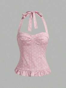Avant Conjunto de camiseta sin espalda con cuello halter de estilo romántico de vacaciones con lunares y cuadros para mujer - Rosa - Ver 4