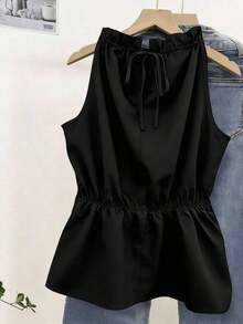 Blusa casual versátil de uso diario con estampado floral y pliegues para mujer - Negro - Ver 2