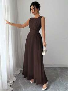 Vestido maxi casual, romántico, vintage y elegante de gasa para mujer con cordón en la cintura, para la playa, el té de la tarde, fiestas de noche, uso diario, sin mangas, de unicolor, vestido largo, primavera/verano - Marrón - Ver 6