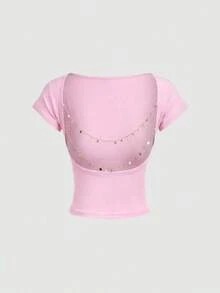 Camiseta casual de mujer de cuello de pico, manga corta y ajustada, versátil - Rosa - Ver 5