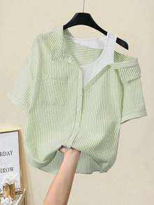 Camisa de mujer casual de manga corta raglán a rayas texturizada azul y blanca, de verano - Verde - Ver 3