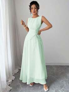 Vestido maxi casual, romántico, vintage y elegante de gasa para mujer con cordón en la cintura, para la playa, el té de la tarde, fiestas de noche, uso diario, sin mangas, de unicolor, vestido largo, primavera/verano - verde menta - Ver 6