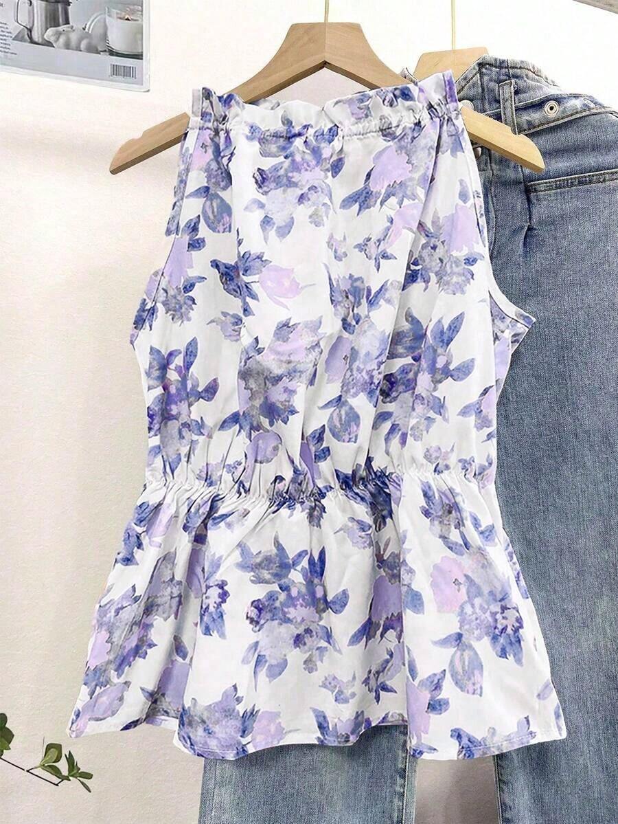 Blusa casual versátil de uso diario con estampado floral y pliegues para mujer - Azul y blanco - Ver 1