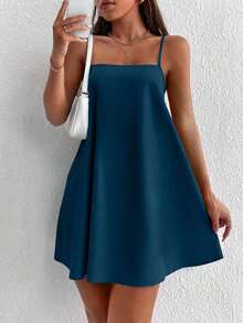 Vestido minifalda camiseta de unicolor minimalista y casual sin espalda - Azul marino - Ver 2