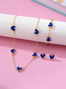 Conjunto de joias elegante e personalizado com 4 peças, incluindo colar, pulseira e brincos com pingente de coração azul banhado a ouro. Ideal para uso diário feminino e um presente perfeito para o Dia dos Namorados, namorada ou mãe. - Azul - Ver 3