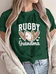 Solt 1 pieza [Recomendación de Nueva Llegada] Camiseta con Estampado de Abuela Jugando Rugby, Casual para Mujer, Vacaciones, Manga Corta, Cuello Redondo, Primavera Verano, Lavable a Máquina, Nueva Moda Femenina, Estilo Urbano Versátil, Efecto Adelgazante, Ropa Deportiva de Invierno para Mujer, 100% Algodón con Estampado Gráfico - Verde - Ver 6