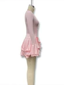Vestido otoño  internacional manga larga campana botones sencillos ajustado con volantes elegante para mujer - Rosa - Ver 9