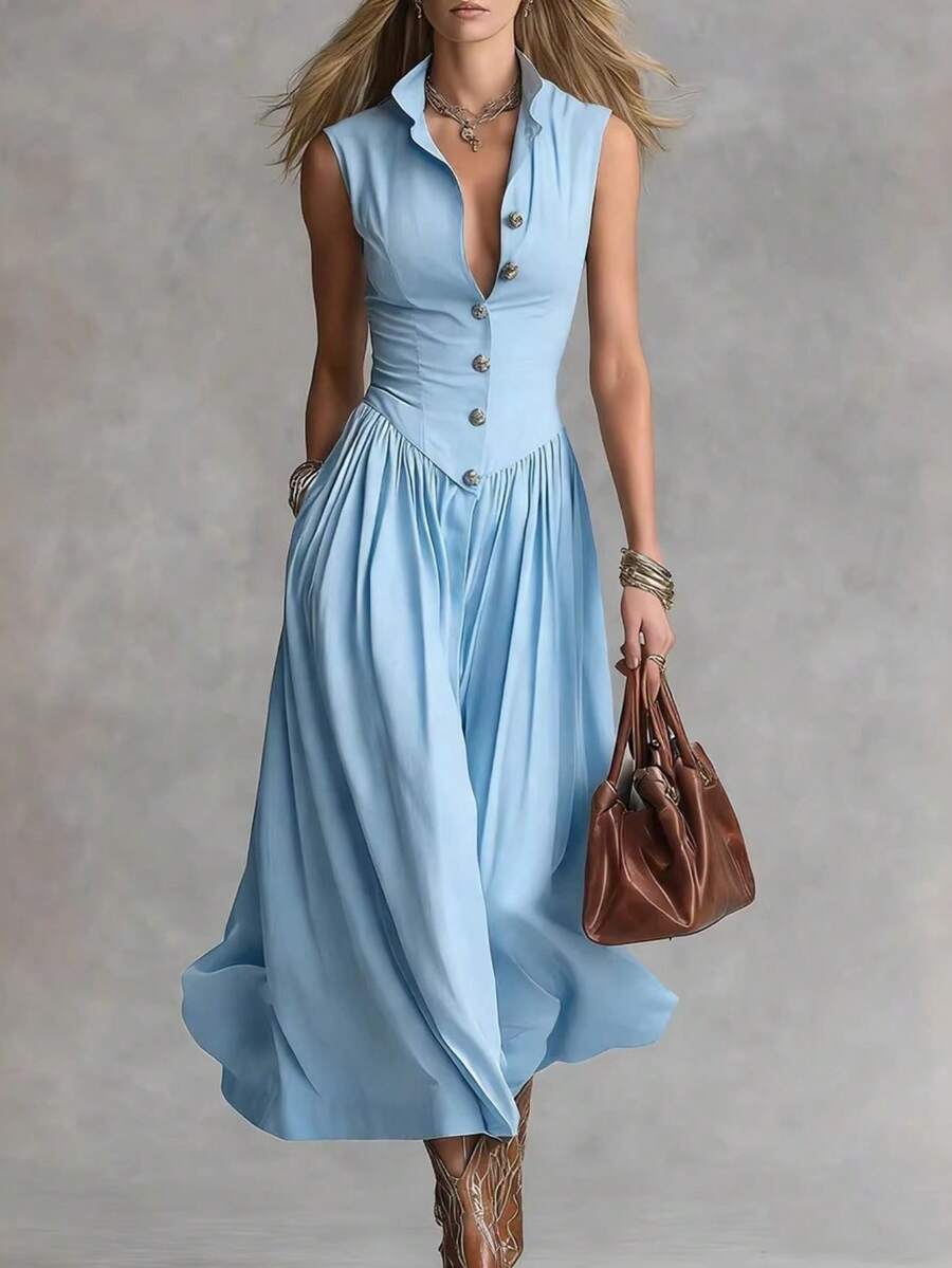 Nuevo temperamento y elegancia en la primavera de 2026, fan xiushi, solapa delgada, vestido largo y abrochado para mujeres - Azul cielo - Ver 1