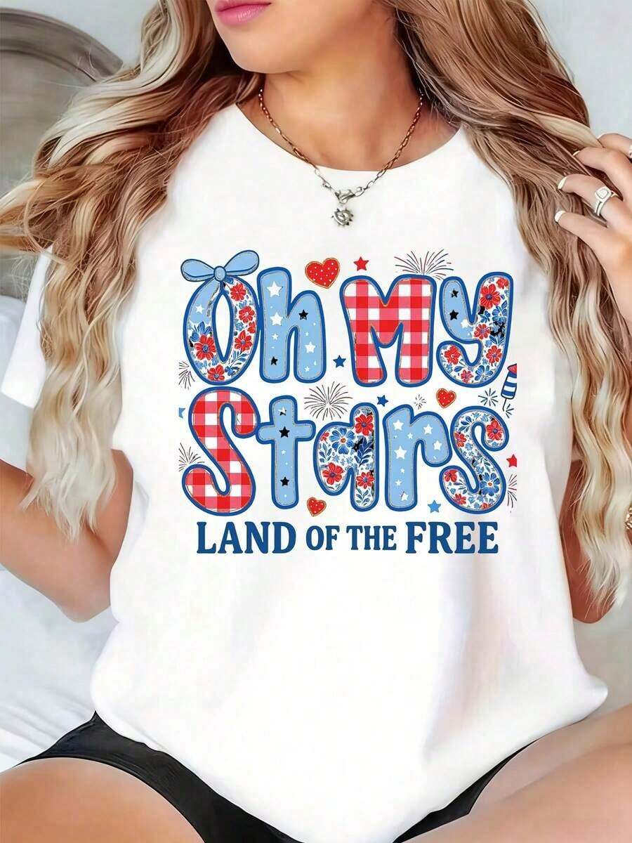 Camiseta de Mujer "Oh My Stars Land Of The Free" con Diseño Patriótico Floral y de Bandera para Celebración del Día de la Independencia, Día del Juego, Atuendo para Mamá, 4 de Julio, EE. UU. Adecuada para primavera, verano y otoño. - Blanco - Ver 1
