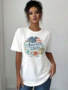 Camisa de lino casual, camisetas gráficas con estampado conmemorativo del 250º aniversario de la Independencia de los Estados Unidos, camisetas estampadas con diseño de celebración del medio siglo. | Camisetas casuales de manga corta y cuello redondo para verano y primavera, ropa de mujer 100% algodón, camiseta con diseño 1776, camiseta conmemorativa del Día de la Independencia Patriótica 2026 - Sudadera con estampado gráfico - Estilo callejero vintage, camiseta unisex de algodón holgada de manga corta y cuello redondo, blusas para mujer. blusas.blusas casuales para dama. - Blanco - Ver 3