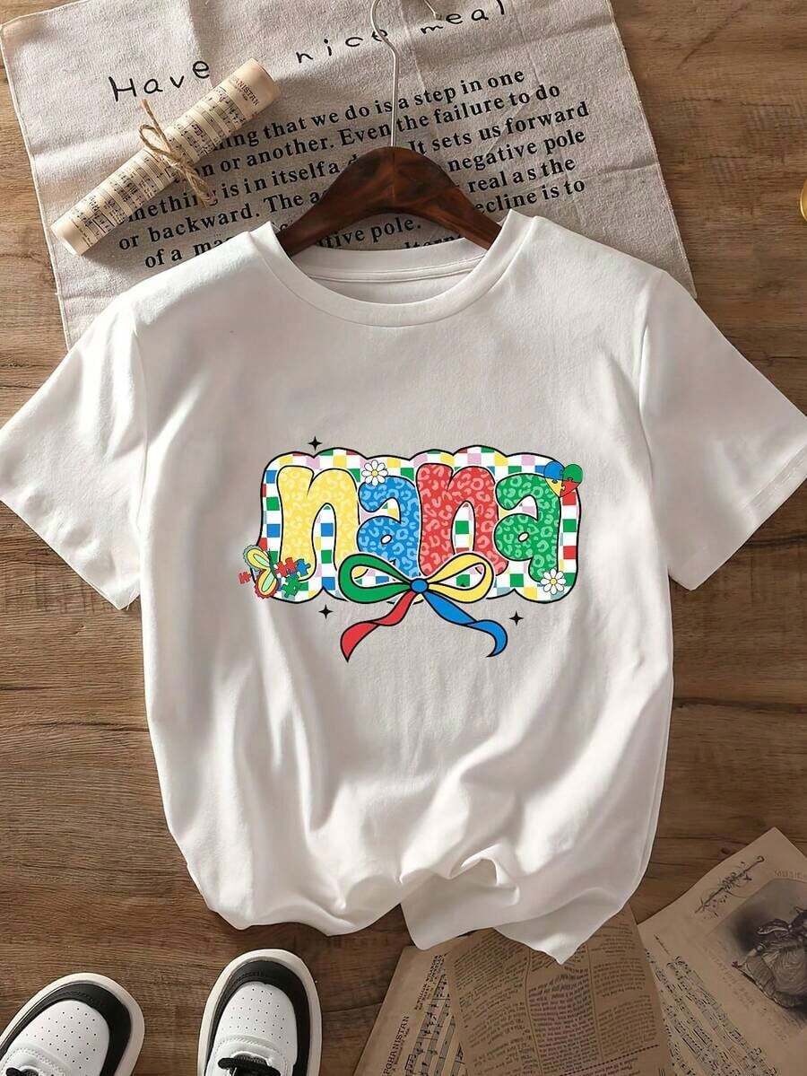 1pscCamisetas Gráficas 100%, Camisetas Coloridas con Estampado 'Mother Wind', Usamos Azul para la Concientización sobre el Autismo en Abril, Camisetas para el Cuidado del Autismo, Camisetas de Verano, Regalos para Pascua y el Día de la Madre 100% Algodón Camiseta Estampada de Algodón Puro para Mujer 100% Algodón - Blanco - Ver 1
