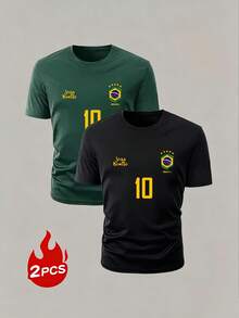 2 camisetas gráficas para hombre, jersey de fútbol retro de Brasil, conjunto de ropa casual de aficionado al fútbol, 100% poliéster de tejido de punto transpirable, diseño de cuello redondo de ajuste regular - Multicolor - Ver 2