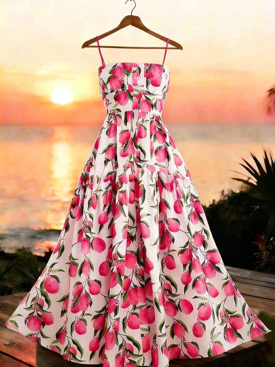 Vestido casual de mujer con estampado de limón sin mangas para vacaciones - Rosa Fucsia - Ver 1