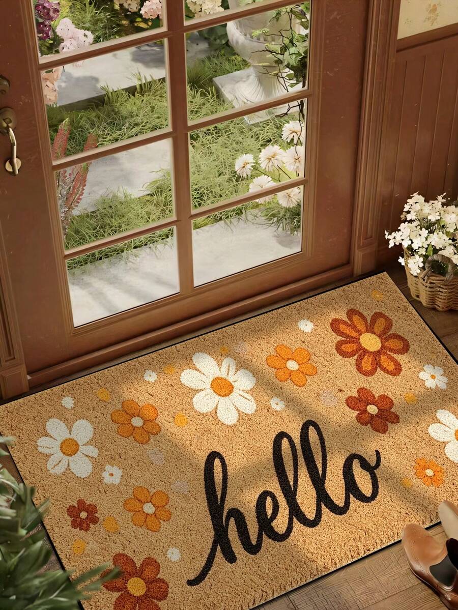 1pc Hello Daisy Floral Print Doormat, Non-Slip Water-Absorbing Entryway Mat, Machine Washable Low-Profile Front Door Mat, Anti-Dirt Indoor/Outdoor Carpet, Suitable For Porch/Kitchen/Bathroom, Housewarming Gift - 1PC - View 1