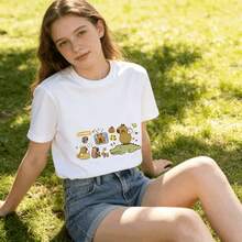 Tops para mujer de Mujer con Estampado de Capibara, Linda  Casual de Algodón de Manga Corta y Cuello Redondo, Top de Ajuste Regular con Elasticidad Media para Uso Diario, Estilo Urbano - Blanco - Ver 6