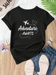 Camiseta casual holgada de manga corta para verano con diseño de aventura estampado - Negro - Ver 6