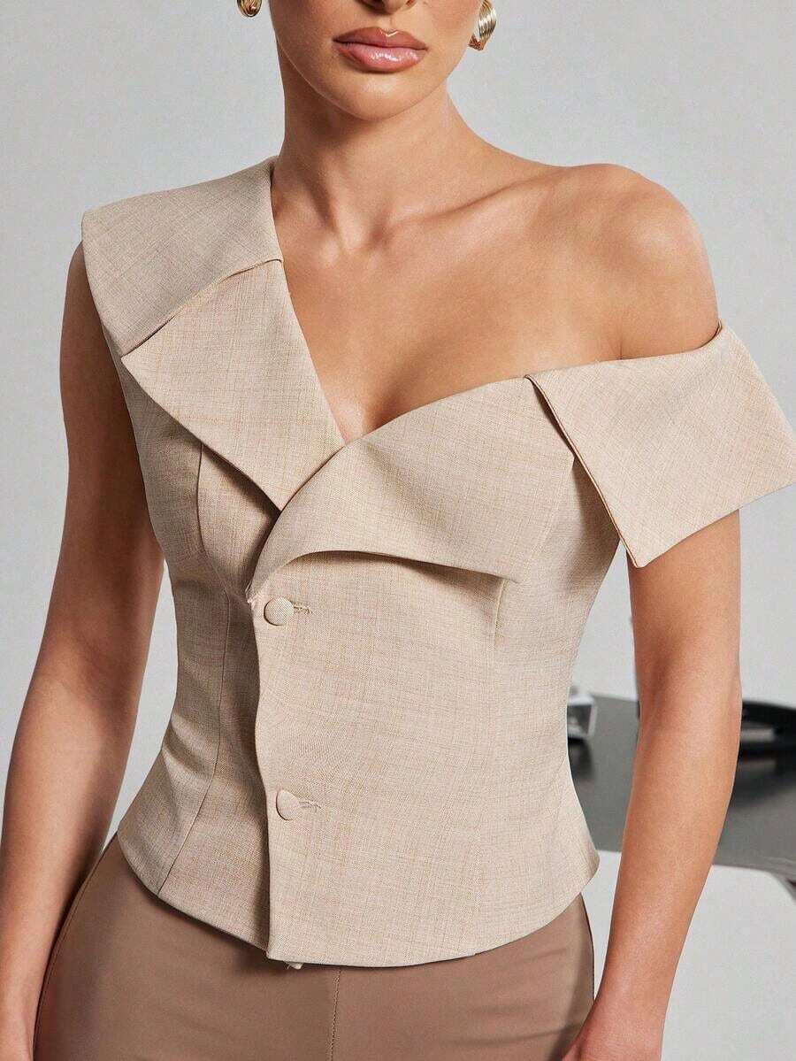 Haute Blazer/chaleco asimétrico de un solo pecho con hombros descubiertos, estilo sexy y casual para oficina - Caqui - Ver 1