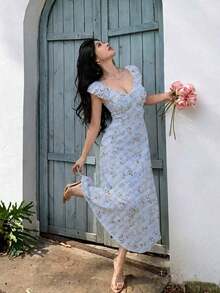 Vestido largo de verano con cuello en V, estampado floral y cintura ceñida - Celeste - Ver 6