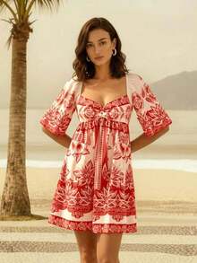 Vestido corto casual de mujer de estilo boho con estampado de plantas tropicales verdes, cuello asimétrico y mangas acampanadas, vestido de verano para vacaciones - Rojo - Ver 12