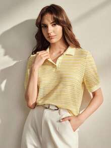Camisetas de punto de manga corta con cuello medio de rayas de alta calidad y nueva moda de verano, talla estándar para mujer, tops lindos - Amarillo - Ver 1
