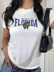 Camiseta minimalista moderna con estampado gráfico de cocodrilo de Florida, 1 pieza, estilo retro universitario, informal para mujer, 100% algodón, estilo streetwear (precio especial bajo para el Viernes Santo y Pascua). - Blanco - Ver 1
