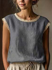 Blusa de manga corta de lino vintage para mujer, camiseta holgada de mezcla de lino con cuello redondo y parches de encaje, transpirable, para verano - Gris de alta calidad - Ver 6