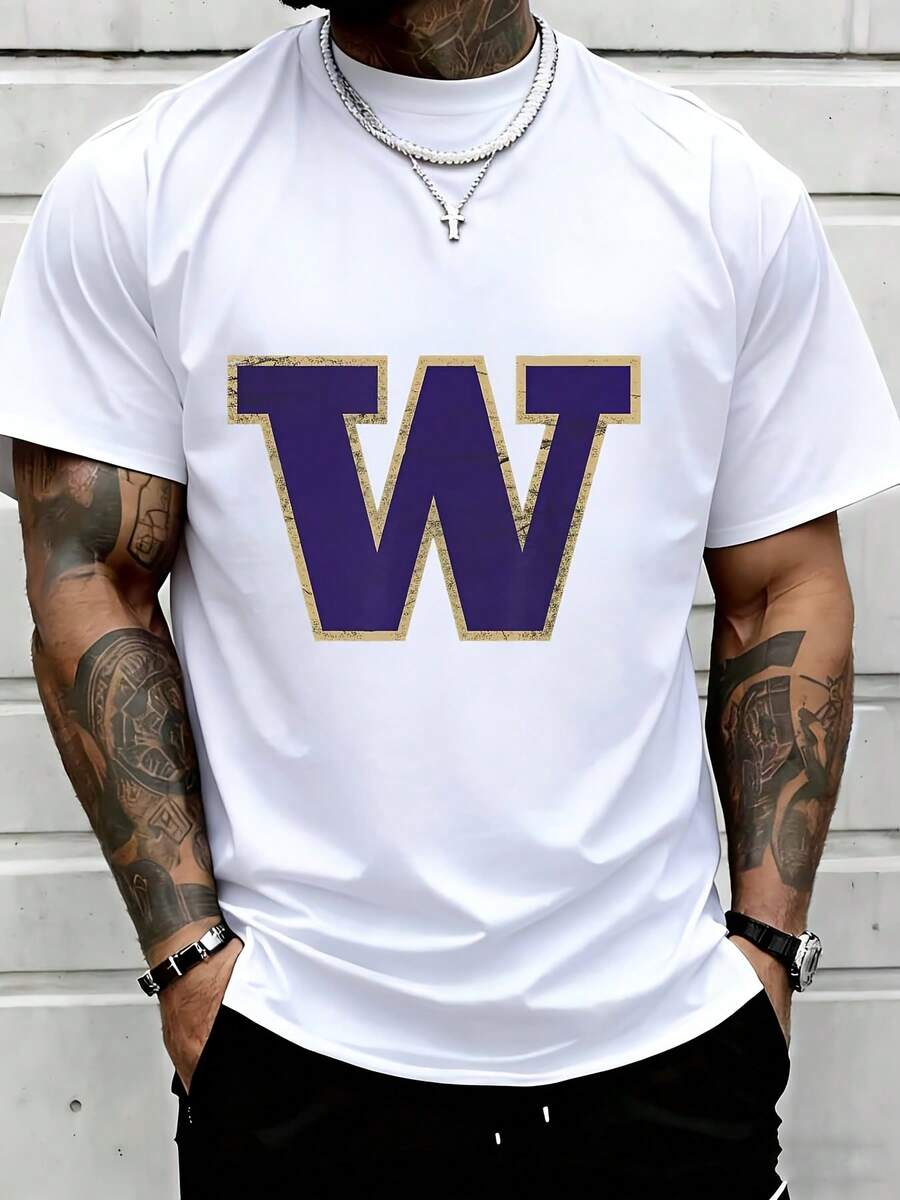 Men's White Washington Huskies Logo T-Shirt With Purple W Design Casual Streetwear Top For College Fans And Everyday Wear - trắng - Xem 1