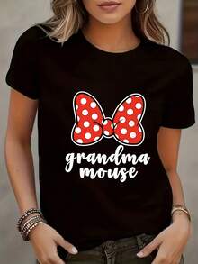 Camiseta deportiva de manga corta con cuello redondo y estampado de la abuela ratona, cómoda y transpirable, blusa casual versátil para mujer. - Blanco - Ver 7