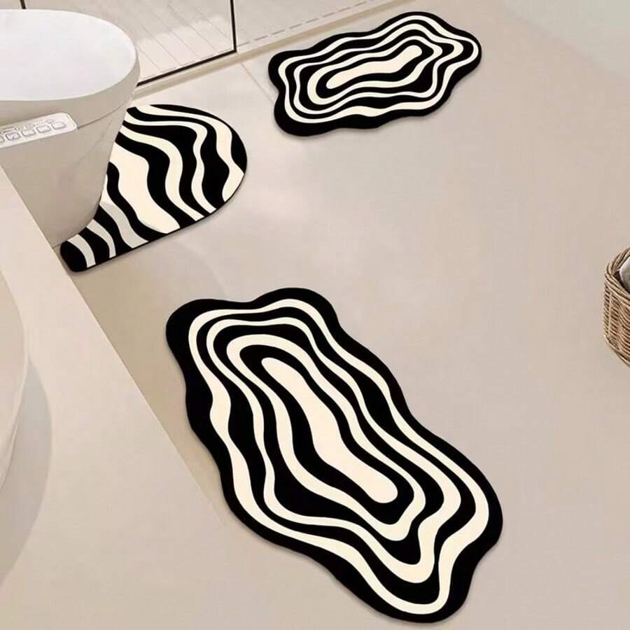 1PC Black And White Striped Asymmetrical Modern Design Creative Bath Mat, Bathroom Rug, Doormat, Small Rug, Carpet, Floor Mat, Home Decor, Area Rug, Outdoor Mat, Home Decor, Area Carpet, Bedroom Rug, Graduation Season Gift, Washable Rug - A - View 1
