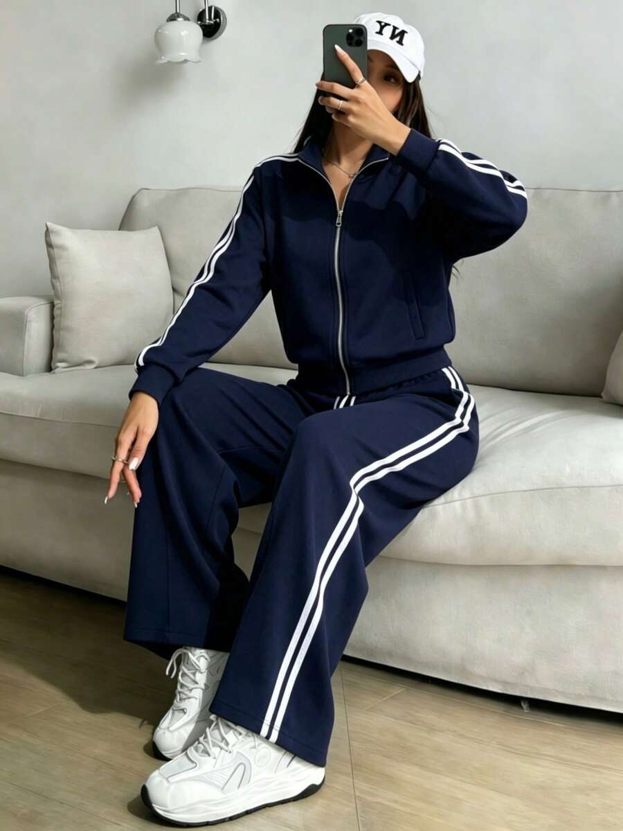 Conjunto De Top Corto De Manga Larga Y Pantalón Para Mujer Con Diseño De Bloques De Color - Azul Marino - Ver 1