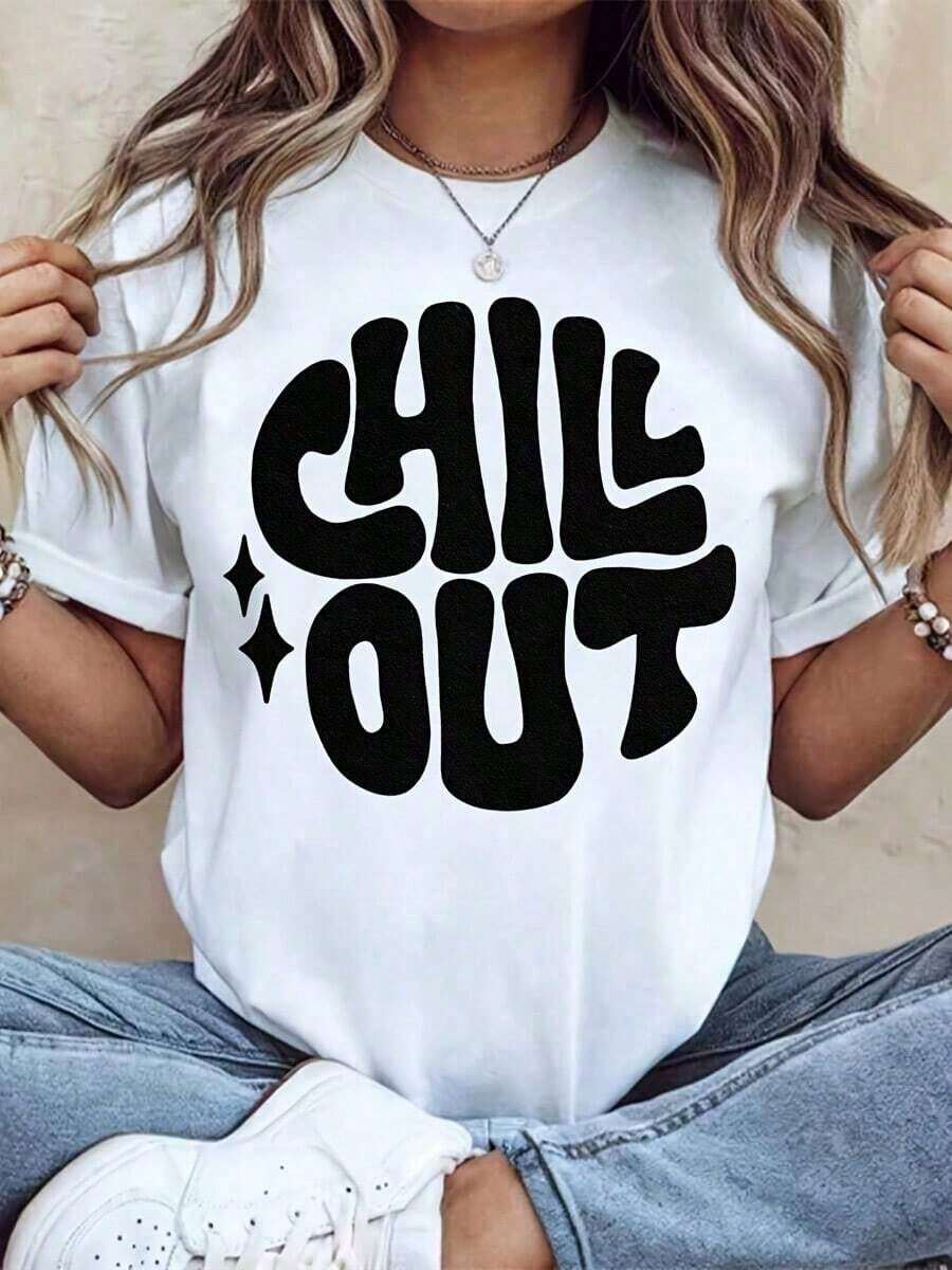 Playeras de mujer, camiseta de cuello redondo con estampado relajado, manga corta, top casual de verano para uso diario, conjuntos de mujer. - Blanco - Ver 1