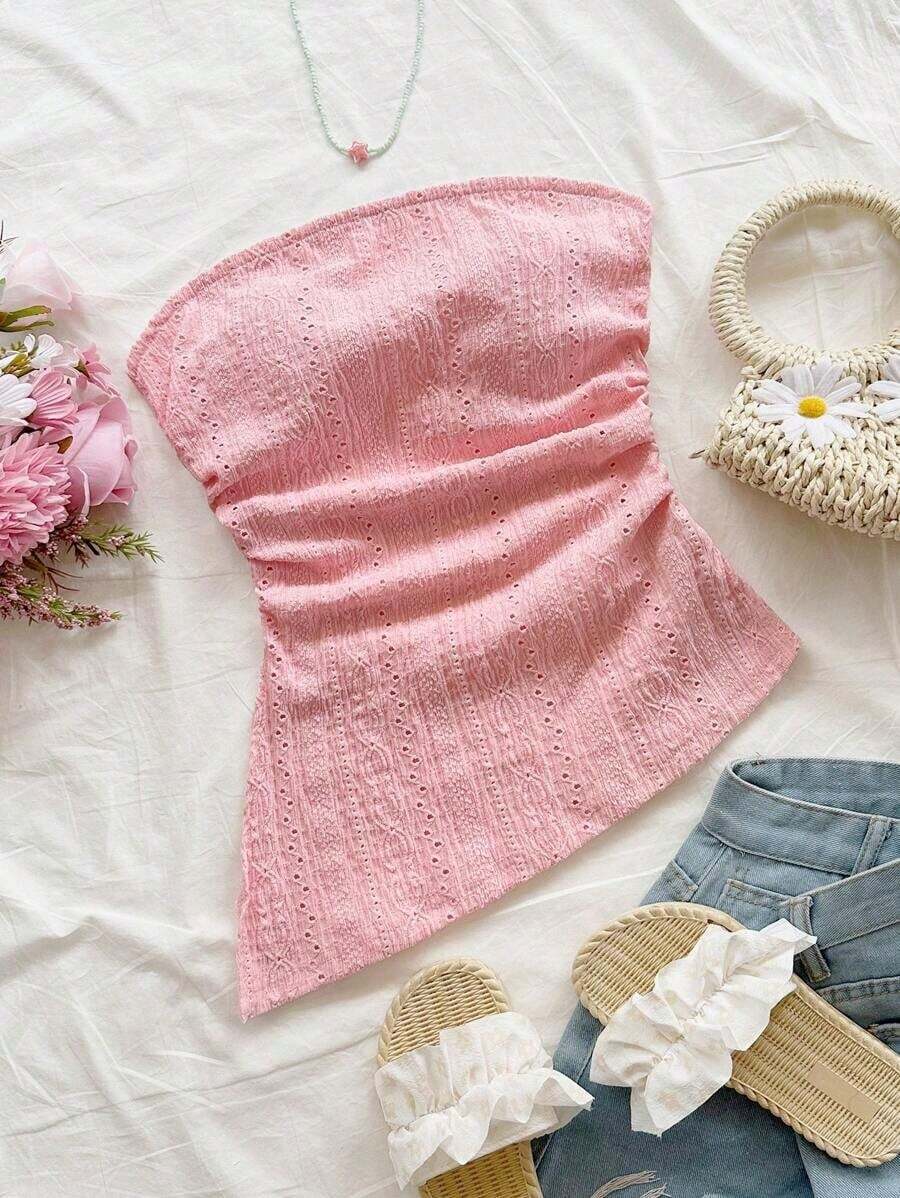 Blusa ajustada con diseño arrugado, abertura lateral y bajo asimétrico en textura azul para vacaciones de mujer - Rosa Pálido - Ver 1