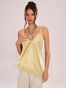 Camiseta de tirantes asimétrica con entramado de encaje transparente - Amarillo 2 - Ver 6