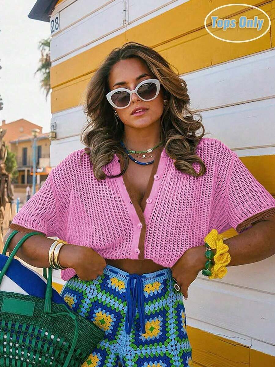 Blusa de punto de cuello polo de manga corta para mujer, con detalles de botones y recortes, con ribetes contrastantes - Uso casual y cómodo para el verano, versátil para el estilo diario de calle - Lila Púrpura - Ver 1