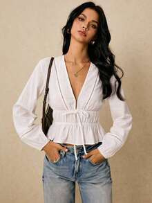 Camisa casual de mujer de unicolor con cuello en V y detalle de nudo en la parte delantera, de manga larga - Blanco 2 - Ver 1