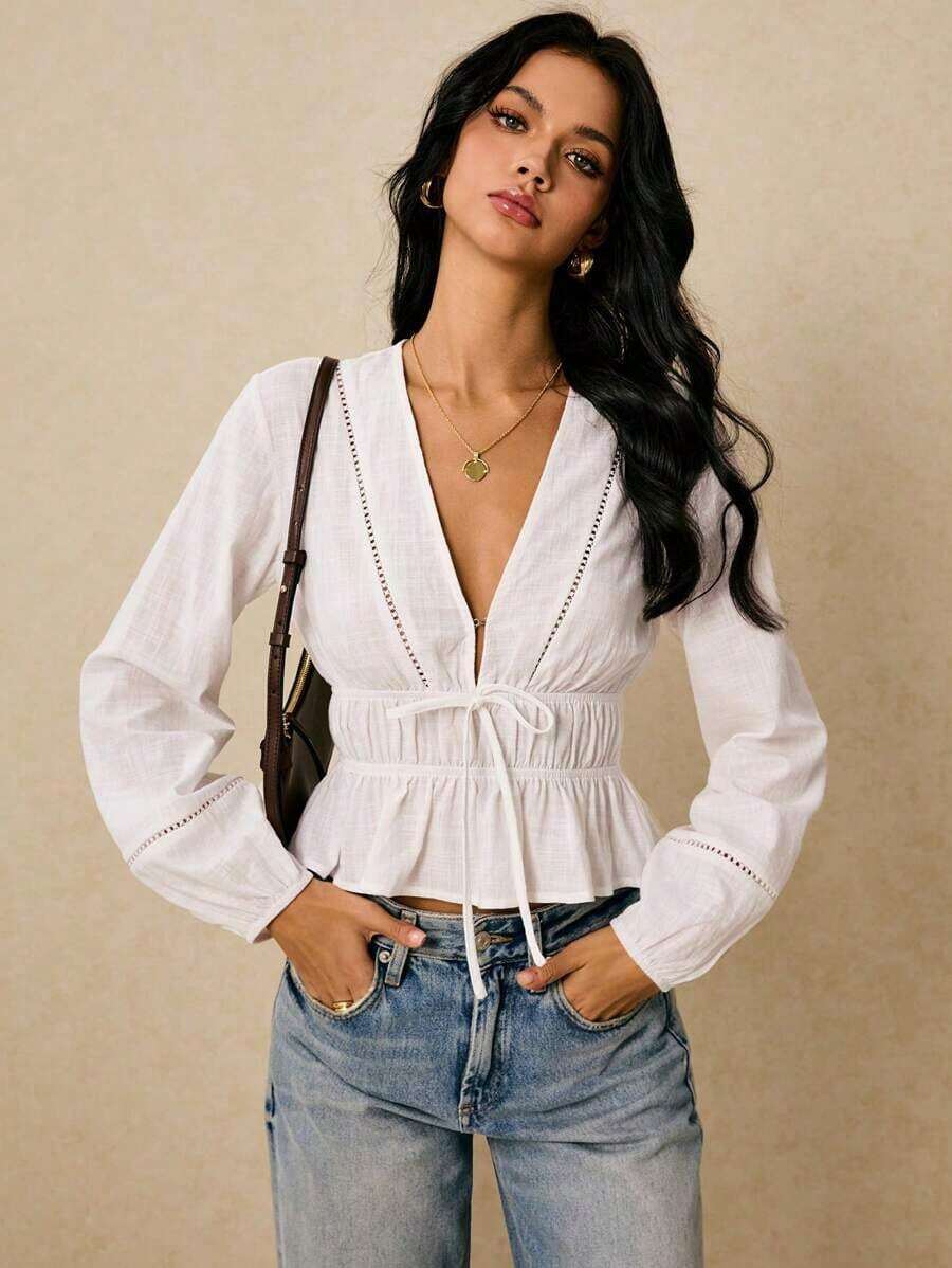 Camisa casual de mujer de unicolor con cuello en V y detalle de nudo en la parte delantera, de manga larga - Blanco 2 - Ver 1