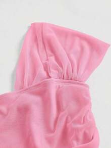 Top de hombros descubiertos fruncido de malla - Rosa - Ver 4