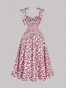 Vestido de verano de mujer con tirantes anudados y estampado floral romántico - Burdeos - Ver 2