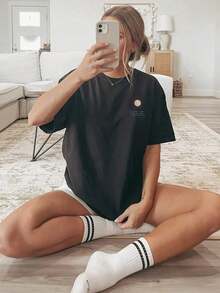 Plus Size, Short Sleeve [Double-Sided Print] Women's Loose Fit Spring/Summer Casual Clothing, Short Sleeve Crew Neck T-Shirt With Sun And Wave Print, 100% Cotton - 黑色 - 查看 4