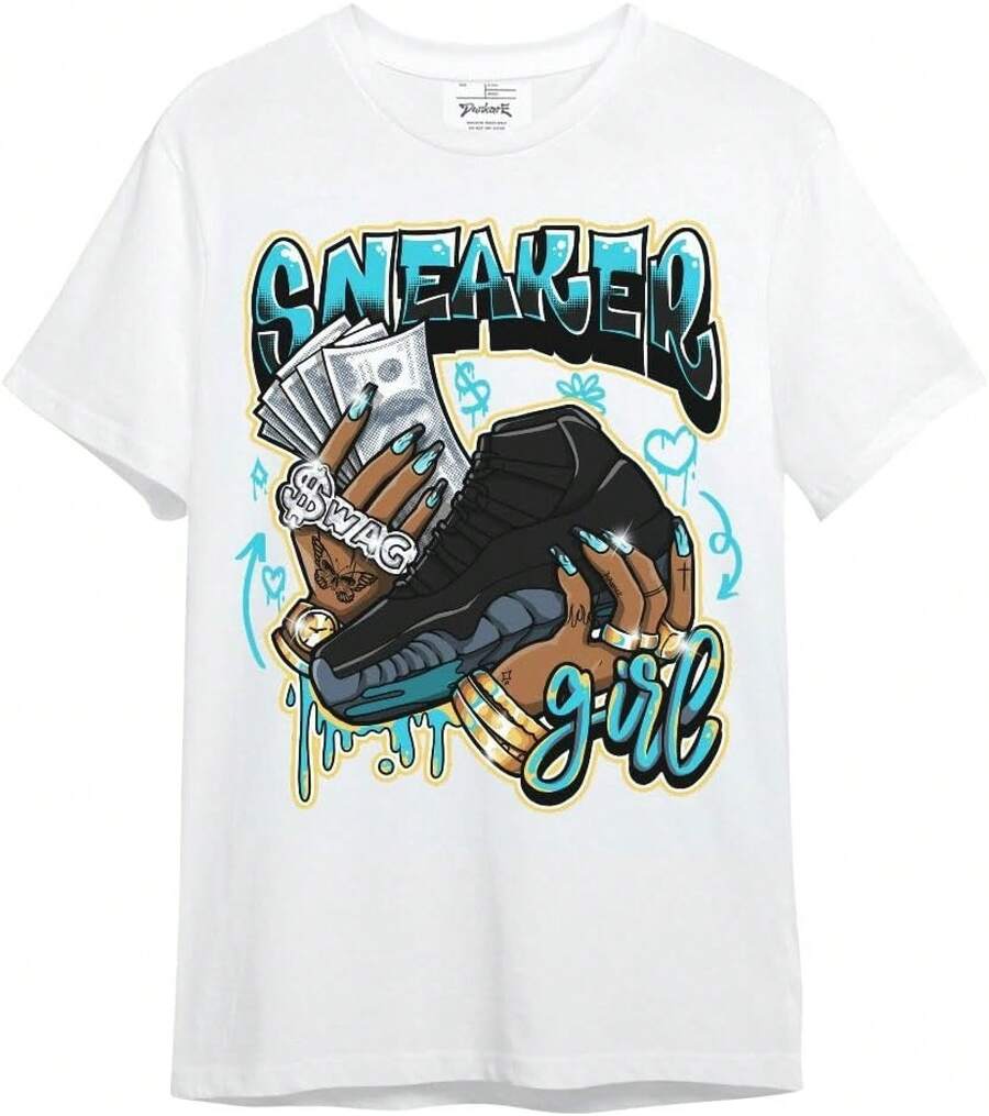 Dunkare Sneaker Match Graphic T-Shirt For Men And Women - Retro Gamma Blue 11s Streetwear | Unisex, Regular Fit, Vintage Style Y2K - 白色 - 運動鞋女孩金錢塗鴉 - 查看 1