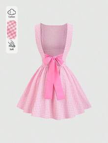 Vestido casual de mujer con cuello de barco, sin mangas, con estampado de cuadros, espalda descubierta, contraste de color, lazo en la cintura y silueta evasé, para primavera/verano - Rosa - Ver 7