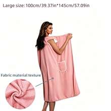 Plus Size Pink Coral Fleece Wearable Towel Dress, Super Soft Quick Dry Bathrobe With Pocket, Plush Loungewear For Women Spa Pool Beach - Hồng - Xem 5