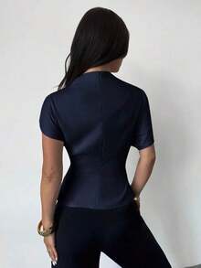 Blusa de bambú y lino con cuello arrugado, mangas asimétricas, plisado lateral y cintura ceñida, para uso diario, color albaricoque, para todas las estaciones - Azul marino - Ver 7