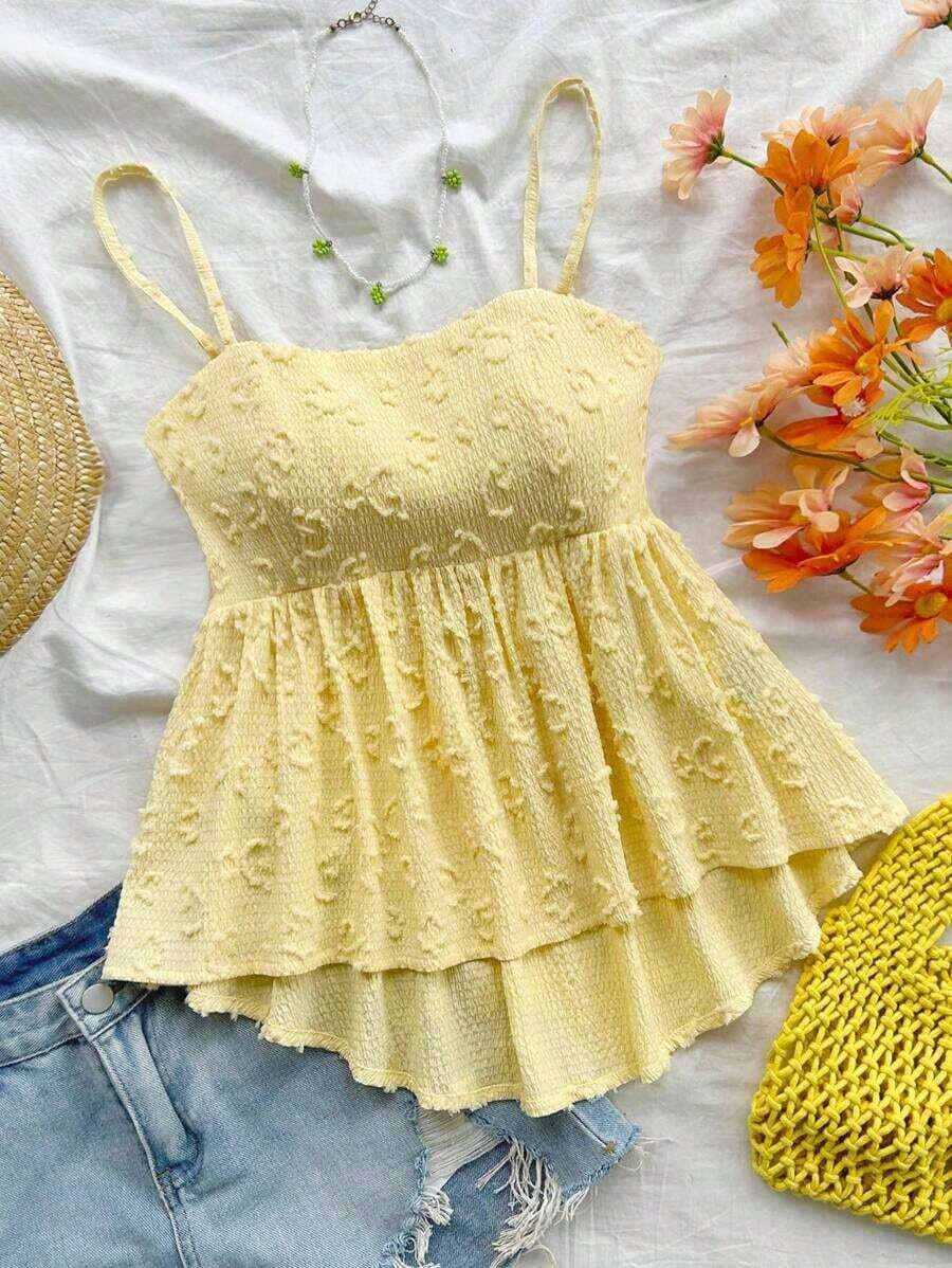 Camiseta sin mangas casual y linda para mujer, con textura de punto floral romántica y dulce, cintura elástica y bajo asimétrico suelto, color amarillo, para vacaciones de verano, graduación, boda, vuelta al colegio, fiesta de Pascua - Amarillo - Ver 1