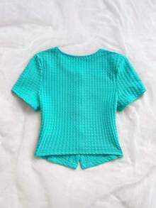 Blusa casual de mujer con manga corta, bordado de malla y lazo con botón - verde menta - Ver 2