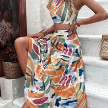 Allover Print Crop One Shoulder Blouse & Ruffle Hem Skirt - Rosa - Ver 7
