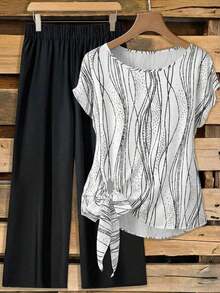 Conjunto de 2 piezas de blusa con lazo y pantalones rectos para mujer, informal - Multicolor 2 - Ver 8